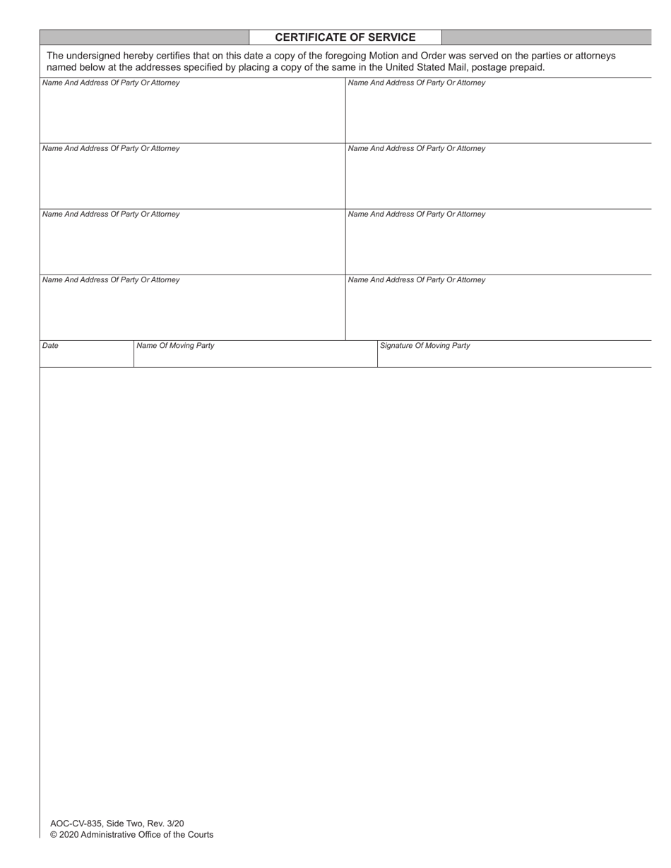 Form AOC-CV-835 Motion and Order Extending Completion Date for Mediated Settlement Conference or Other Settlement Procedure - North Carolina, Page 2