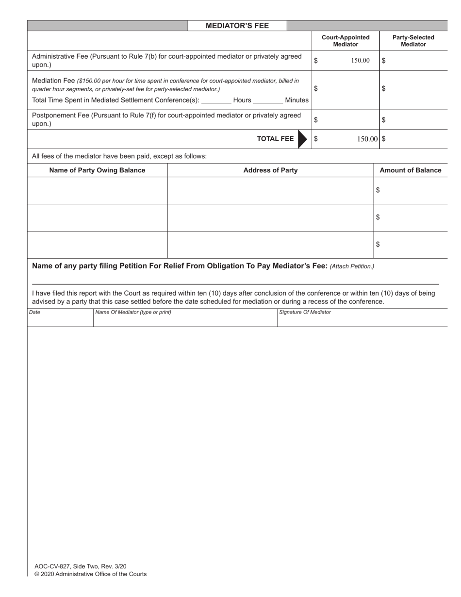 Form AOC-CV-827 Report of Mediator in Family Financial Case - North Carolina, Page 2