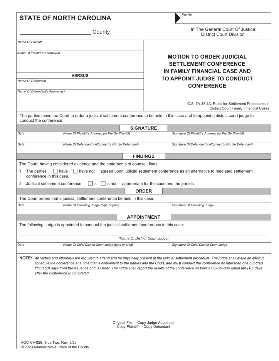 Form AOC-CV-826 Motion for an Order to Use Settlement Procedure Other Than Mediated Settlement Conference or Judicial Settlement Conference in Family Financial Case - North Carolina, Page 2