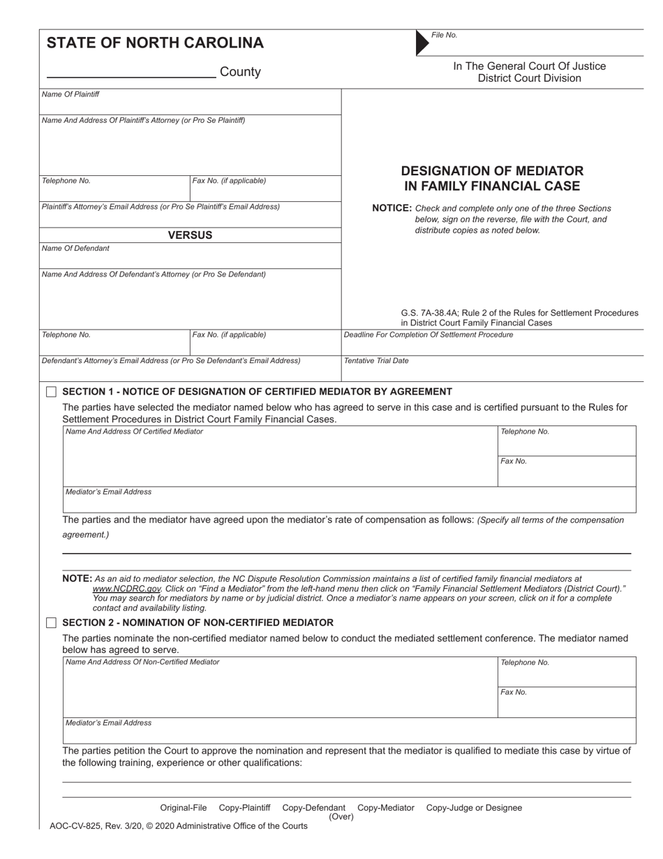 Form AOC-CV-825 Designation of Mediator in Family Financial Case - North Carolina, Page 1