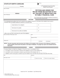 Document preview: Form AOC-CV-828 Petition and Order for Relief From Obligation to Pay All or Part of Mediator's Fee in Family Financial Case - North Carolina