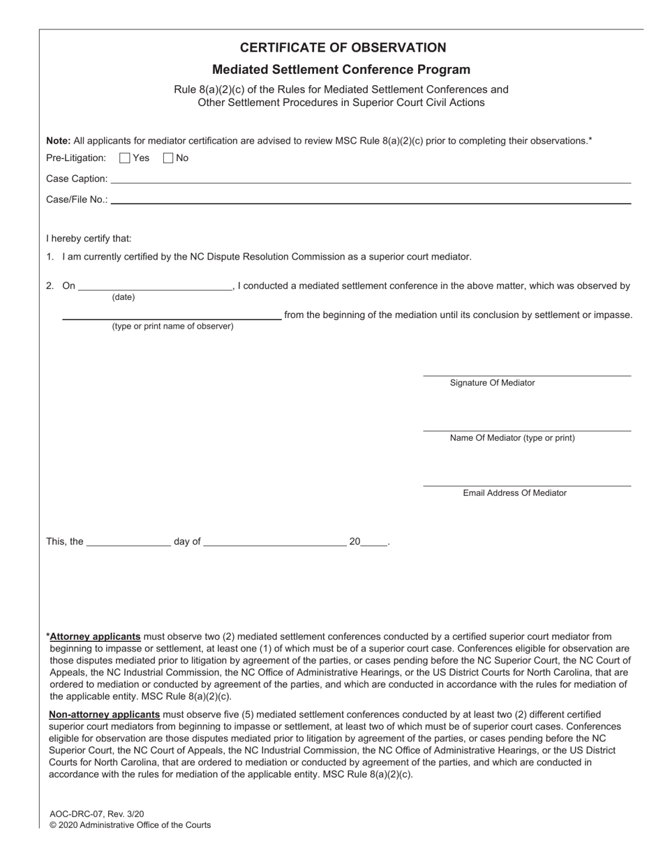 Form AOC-DRC-07 Certificate of Observation (Mediated Settlement Conference Program) - North Carolina, Page 1