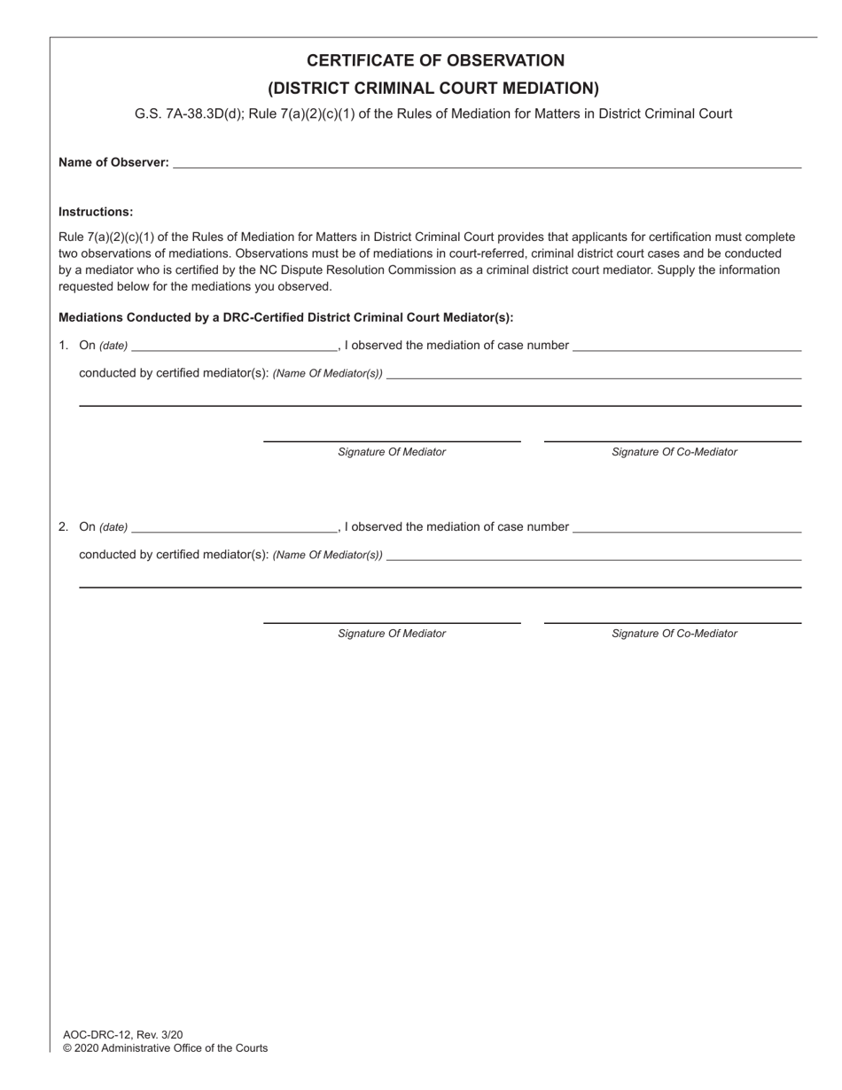 Form AOC-DRC-12 Certificate of Observation (District Criminal Court Mediation) - North Carolina, Page 1