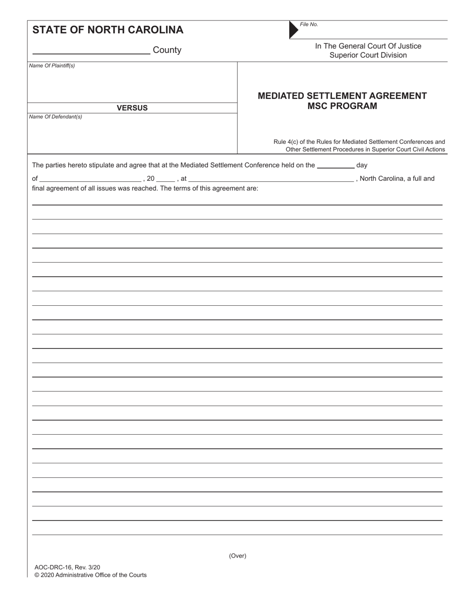 Form AOC-DRC-16 Mediated Settlement Agreement Msc Program - North Carolina, Page 1