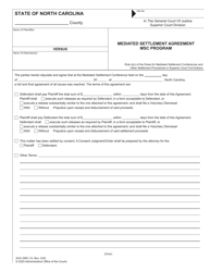 Form AOC-DRC-15 &quot;Mediated Settlement Agreement - Msc Program&quot; - North Carolina