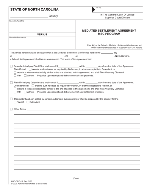 Form AOC-DRC-15 Mediated Settlement Agreement - Msc Program - North Carolina