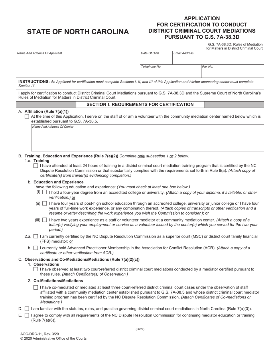 Form AOC-DRC-11 Application for Certification to Conduct District Criminal Court Mediations Pursuant to G.s. 7a-38.3d - North Carolina, Page 1