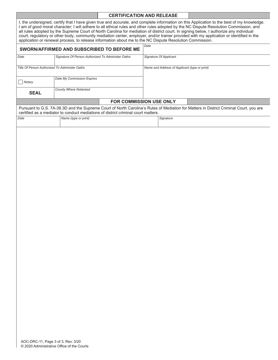 Form AOC-DRC-11 Application for Certification to Conduct District Criminal Court Mediations Pursuant to G.s. 7a-38.3d - North Carolina, Page 3