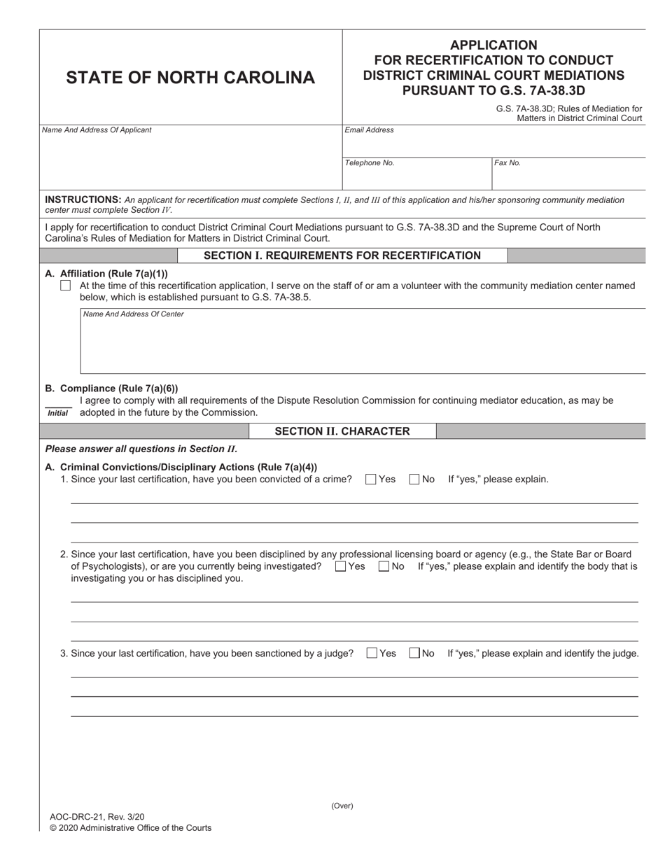 Form AOC-DRC-21 Application for Recertification to Conduct District Criminal Court Mediations Pursuant to G.s. 7a-38.3d - North Carolina, Page 1
