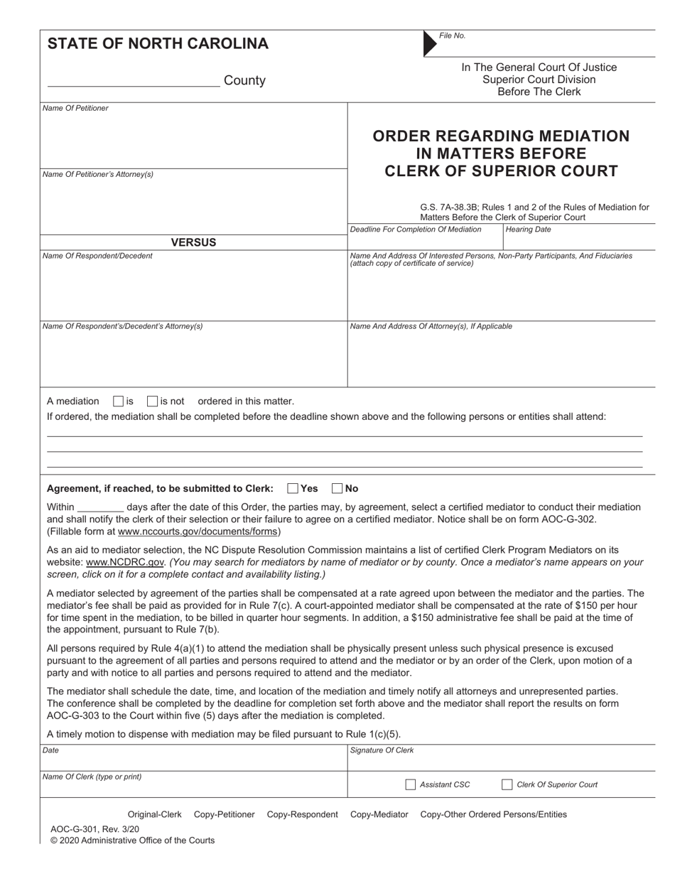 Form AOC-G-301 Order Regarding Mediation in Matters Before Clerk of Superior Court - North Carolina, Page 1