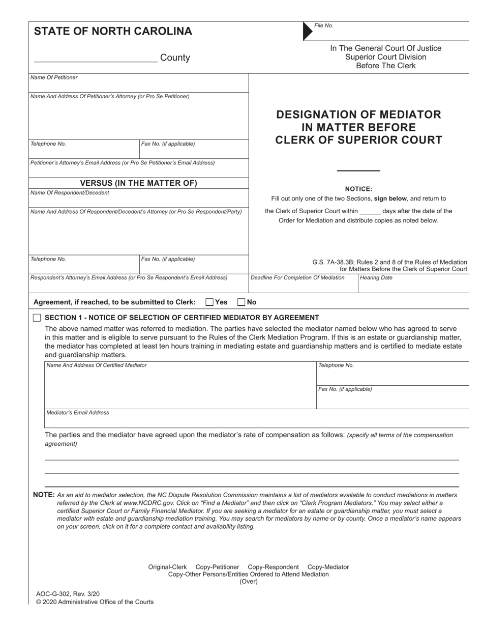 Form AOC-G-302 Designation of Mediator in Matter Before Clerk of Superior Court - North Carolina, Page 1