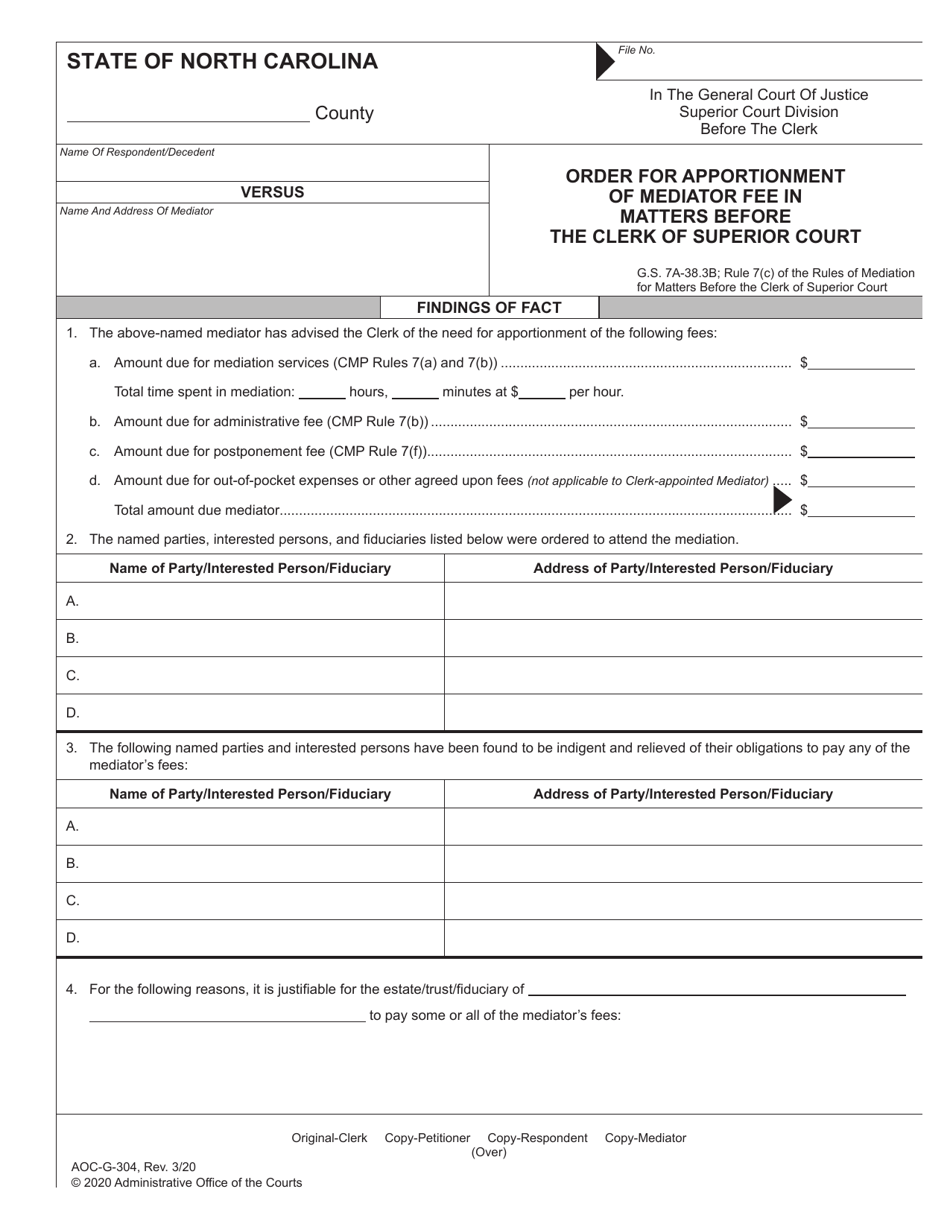 Form AOC-G-304 Order for Apportionment of Mediator Fee in Matters Before the Clerk of Superior Court - North Carolina, Page 1