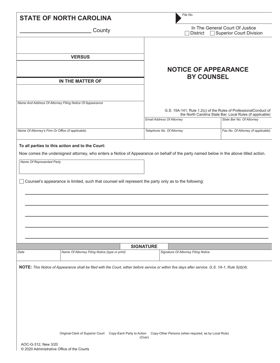 Form AOC-G-312 Notice of Appearance by Counsel - North Carolina, Page 1
