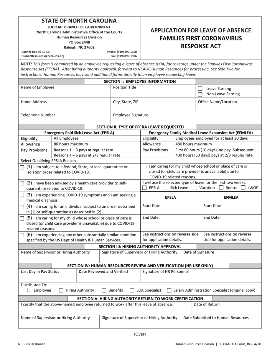Form FFCRA-LOA Application for Leave of Absence Families First Coronavirus Response Act - North Carolina, Page 1