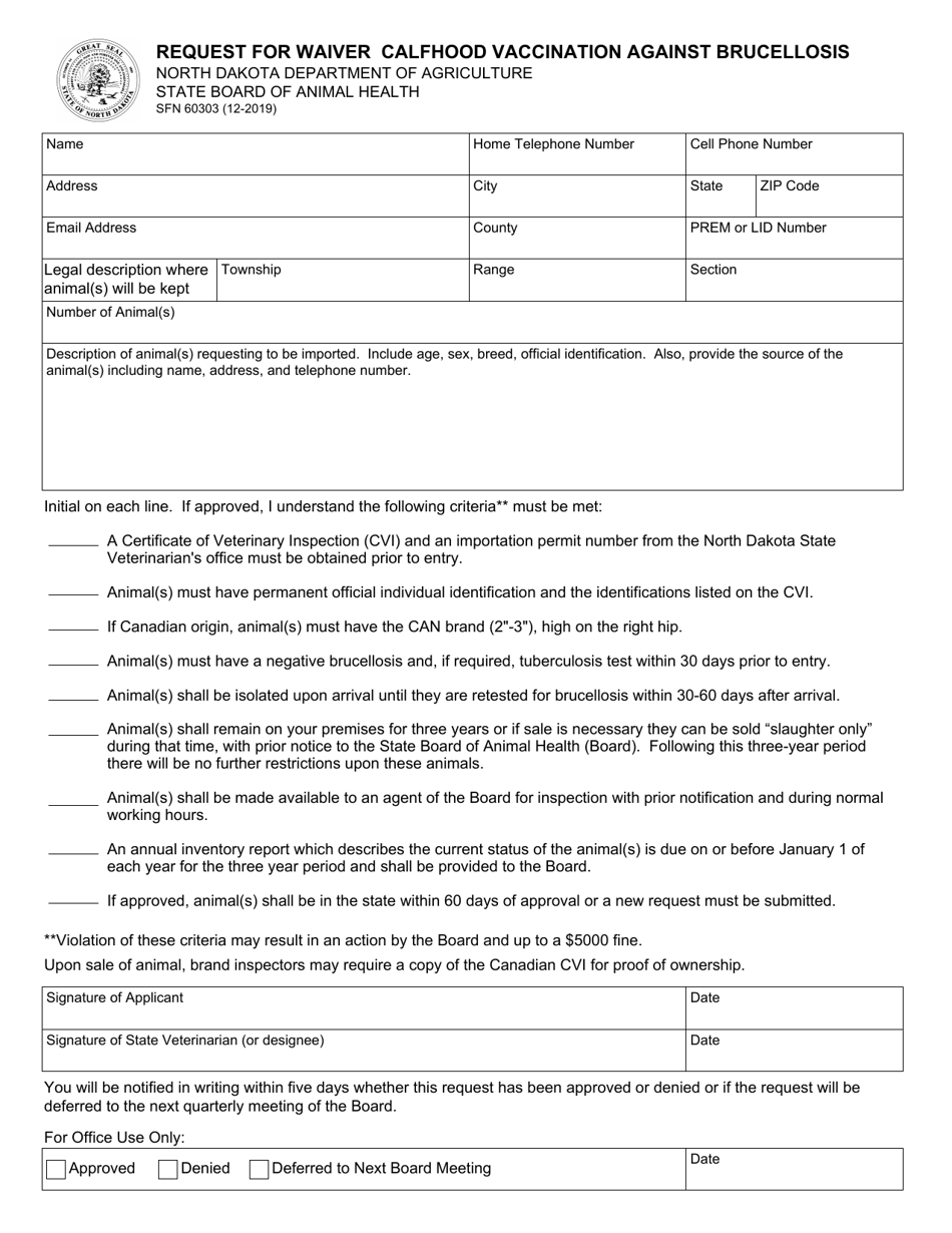 Form SFN60303 Request for Waiver Calfhood Vaccination Against Brucellosis - North Dakota, Page 1