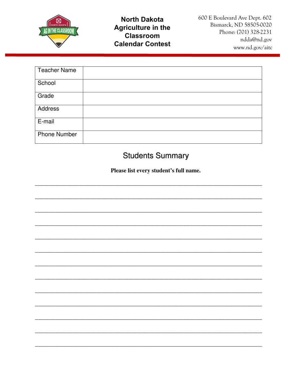 Teacher Summary Sheet - North Dakota, Page 1