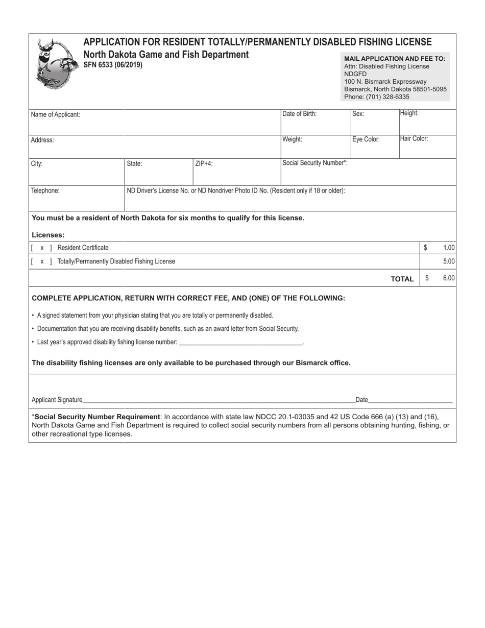 Form SFN6533 Application for Resident Totally / Permanently Disabled Fishing License - North Dakota, Page 1