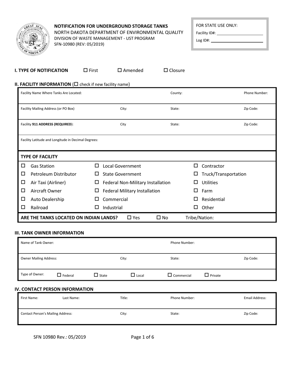 Form SFN10980 Notification for Underground Storage Tanks - North Dakota, Page 1