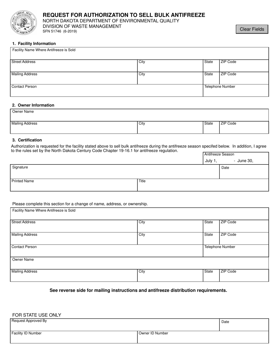 Form SFN51746 Request for Authorization to Sell Bulk Antifreeze - North Dakota, Page 1