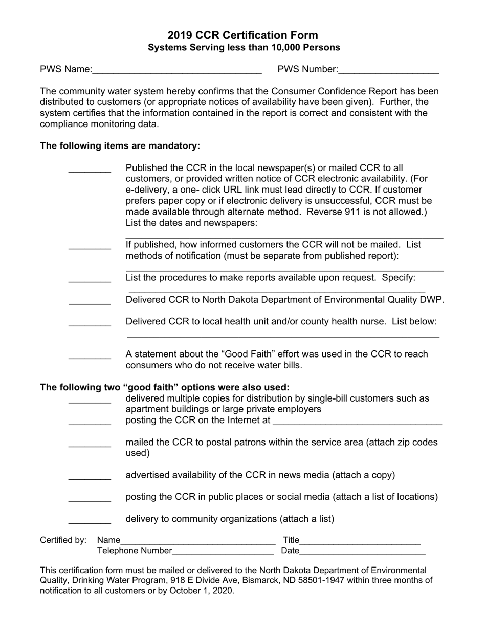 2019 North Dakota Ccr Certification Form (Systems Serving Less Than