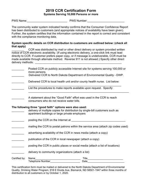 Ccr Certification Form (Systems Serving 10,000 Persons or More) - North Dakota, 2019