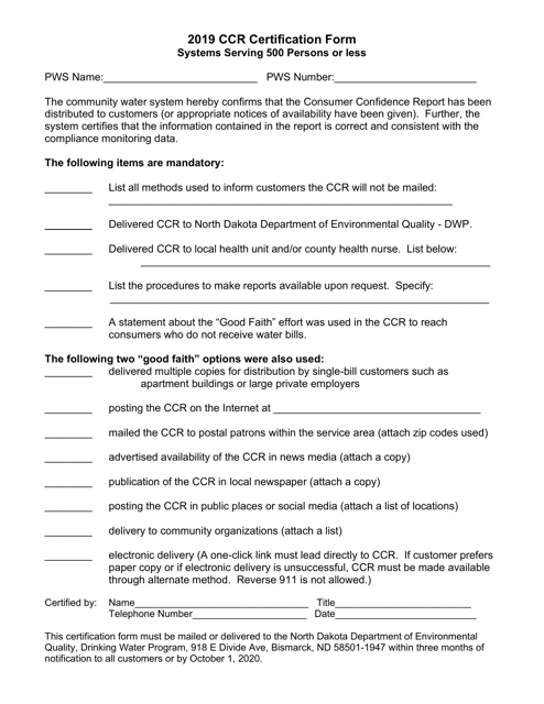Ccr Certification Form (Systems Serving 500 Persons or Less) - North Dakota Download Pdf