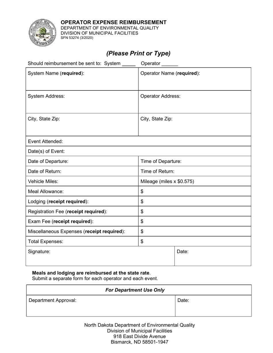 Form SFN53274 Operator Expense Reimbursement - North Dakota, Page 1