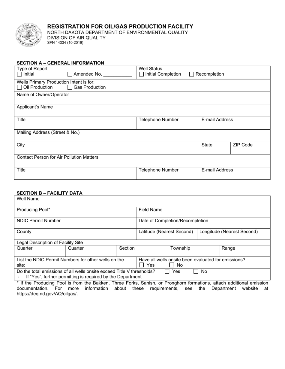 Form SFN14334 Registration for Oil / Gas Production Facility - North Dakota, Page 1
