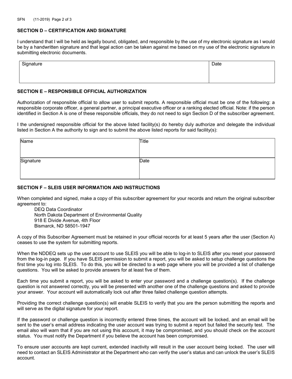 Form SFN61755 State and Local Emissions Inventory System (Sleis) Subscriber Agreement - North Dakota, Page 2
