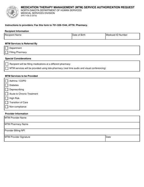 Form SFN1106 Medication Therapy Management (Mtm) Service Authorization Request - North Dakota