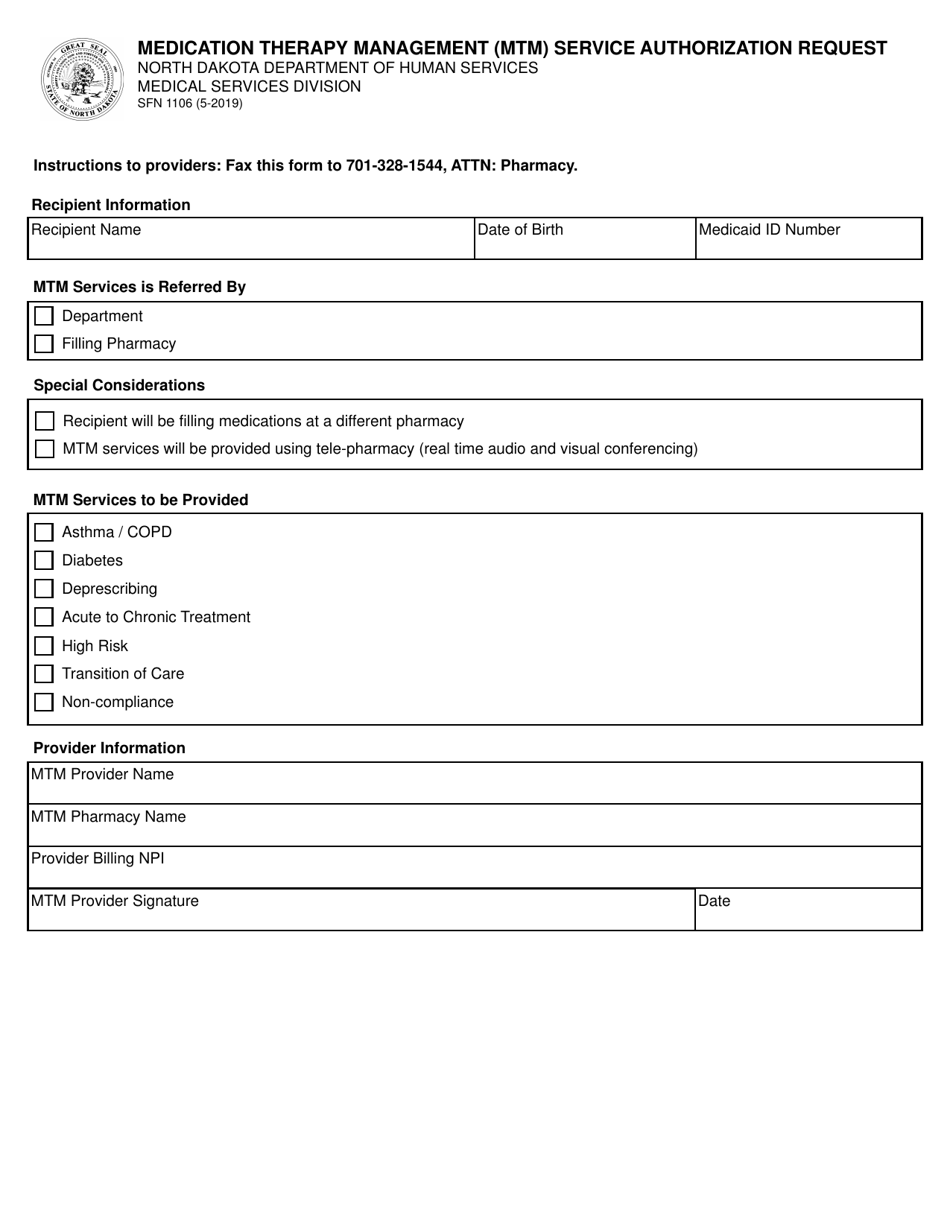 Form SFN1106 Medication Therapy Management (Mtm) Service Authorization Request - North Dakota, Page 1