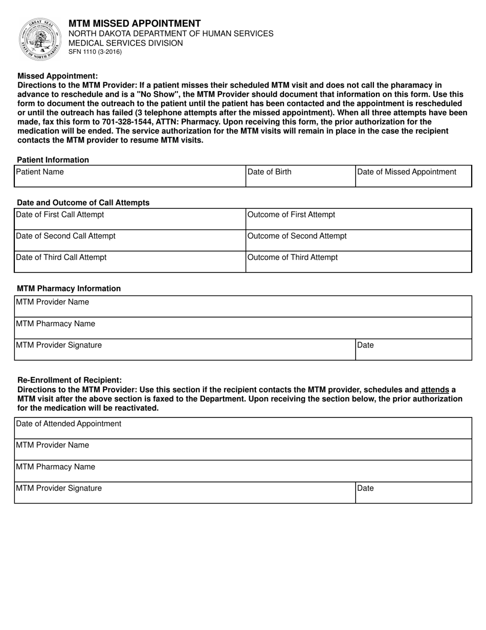 Form SFN1110 Mtm Missed Appointment - North Dakota, Page 1