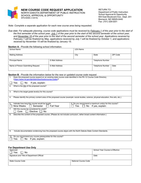 Form SFN60065 New Course Code Request Application - North Dakota