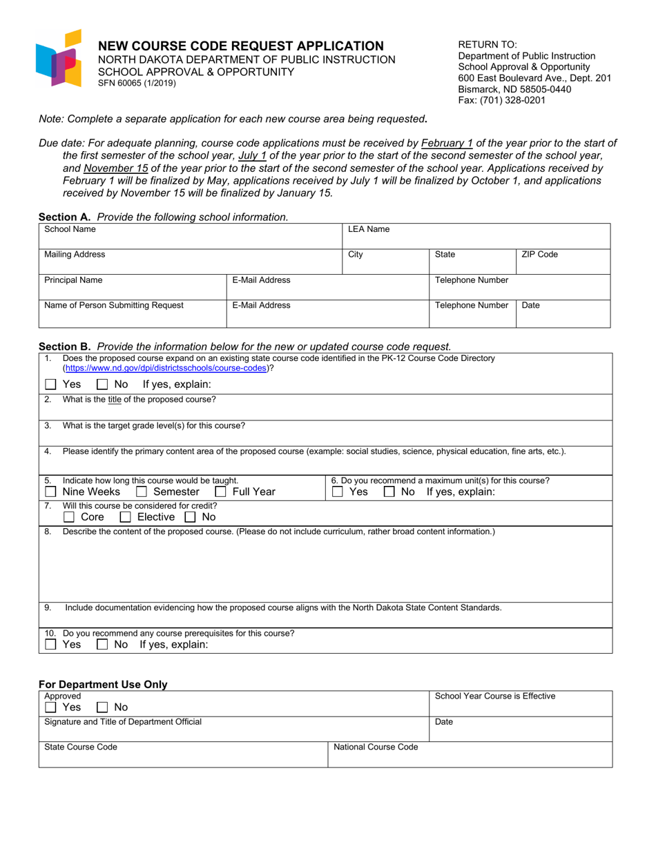 Form SFN60065 New Course Code Request Application - North Dakota, Page 1