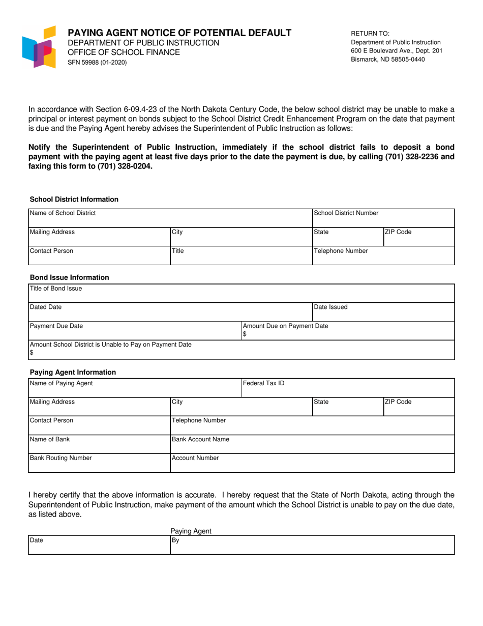 Form SFN59988 Paying Agent Notice of Potential Default - North Dakota, Page 1