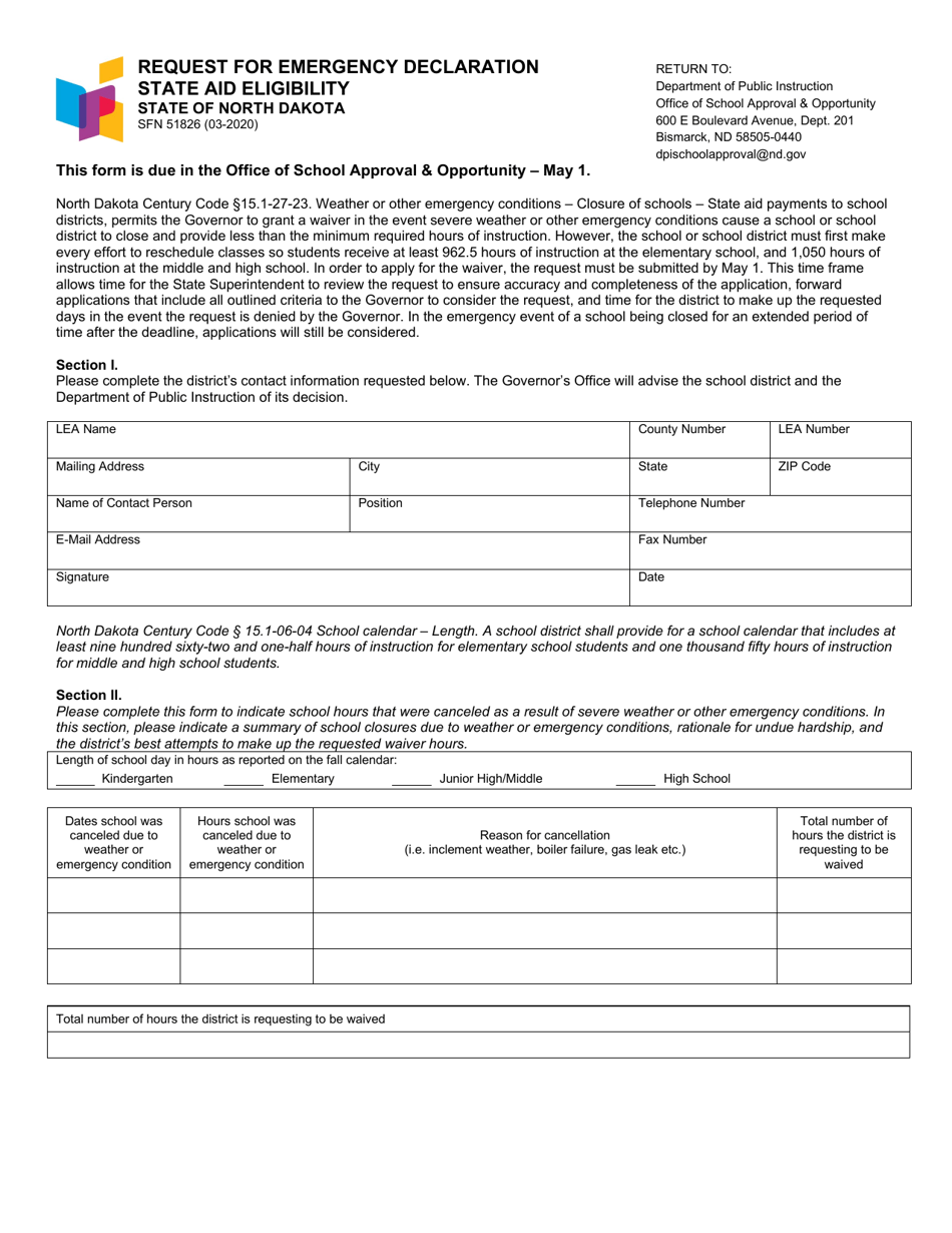 Form SFN51826 Request for Emergency Declaration State Aid Eligibility - North Dakota, Page 1