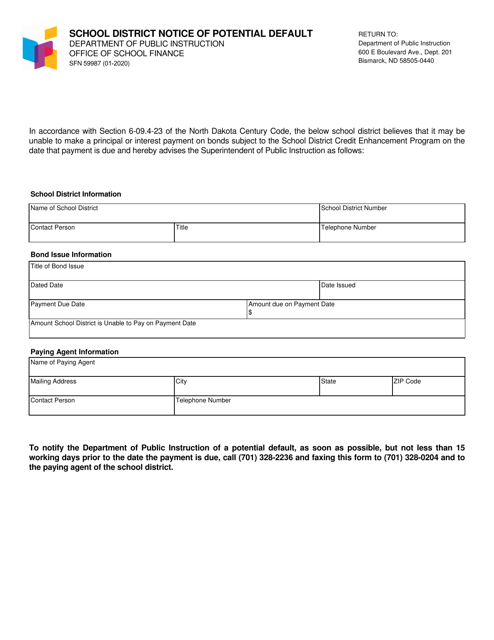 Form SFN59987 School District Notice of Potential Default - North Dakota