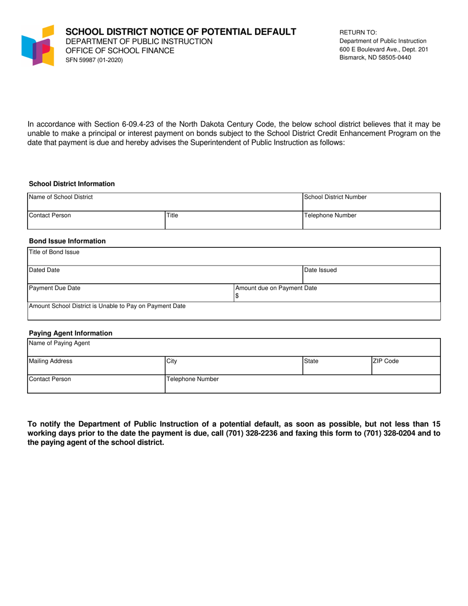 Form SFN59987 School District Notice of Potential Default - North Dakota, Page 1