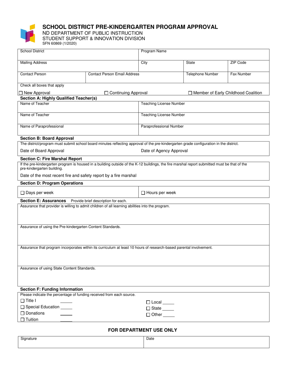 Form SFN60869 Download Fillable PDF or Fill Online School District Pre