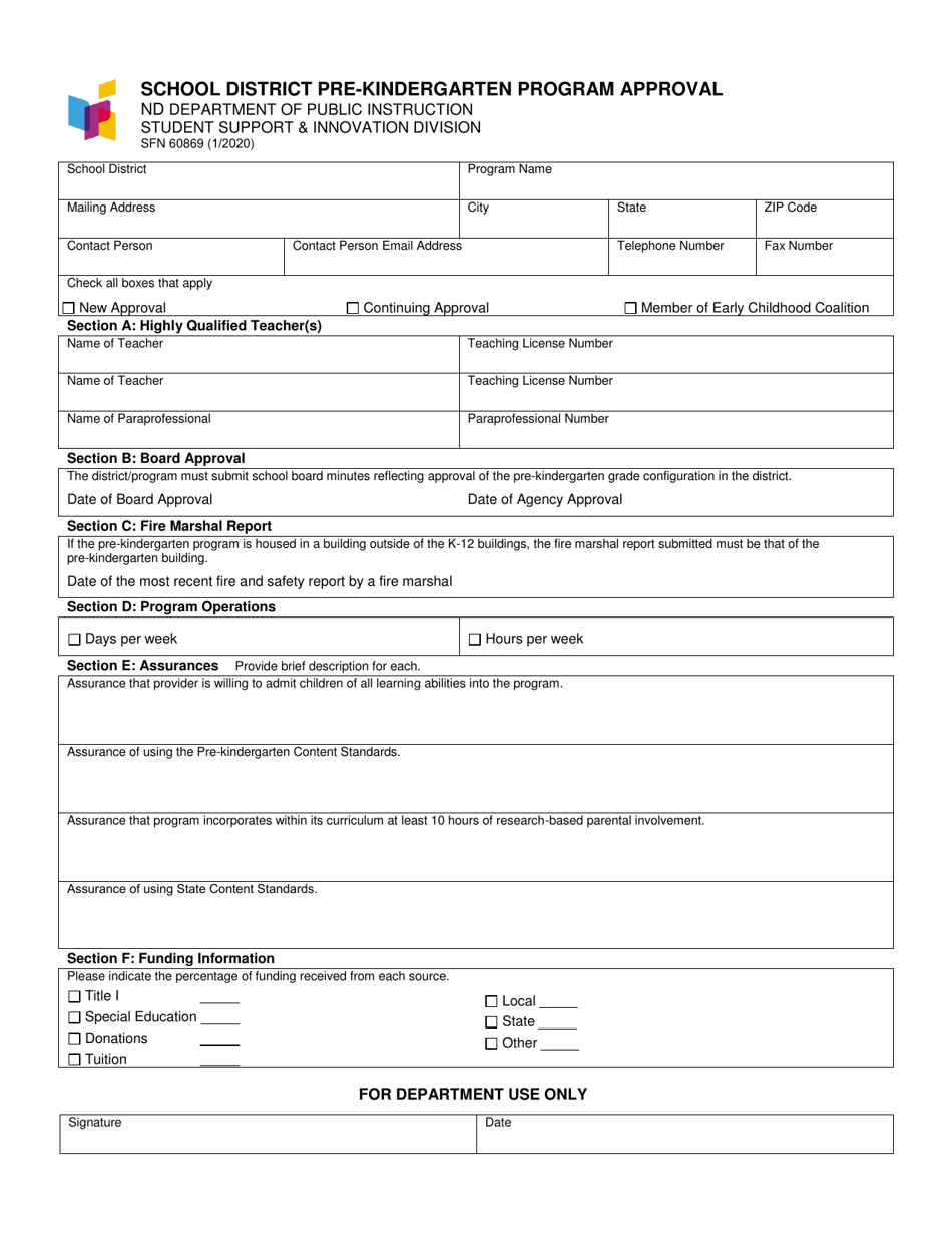 Form SFN60869 School District Pre-kindergarten Program Approval - North Dakota, Page 1