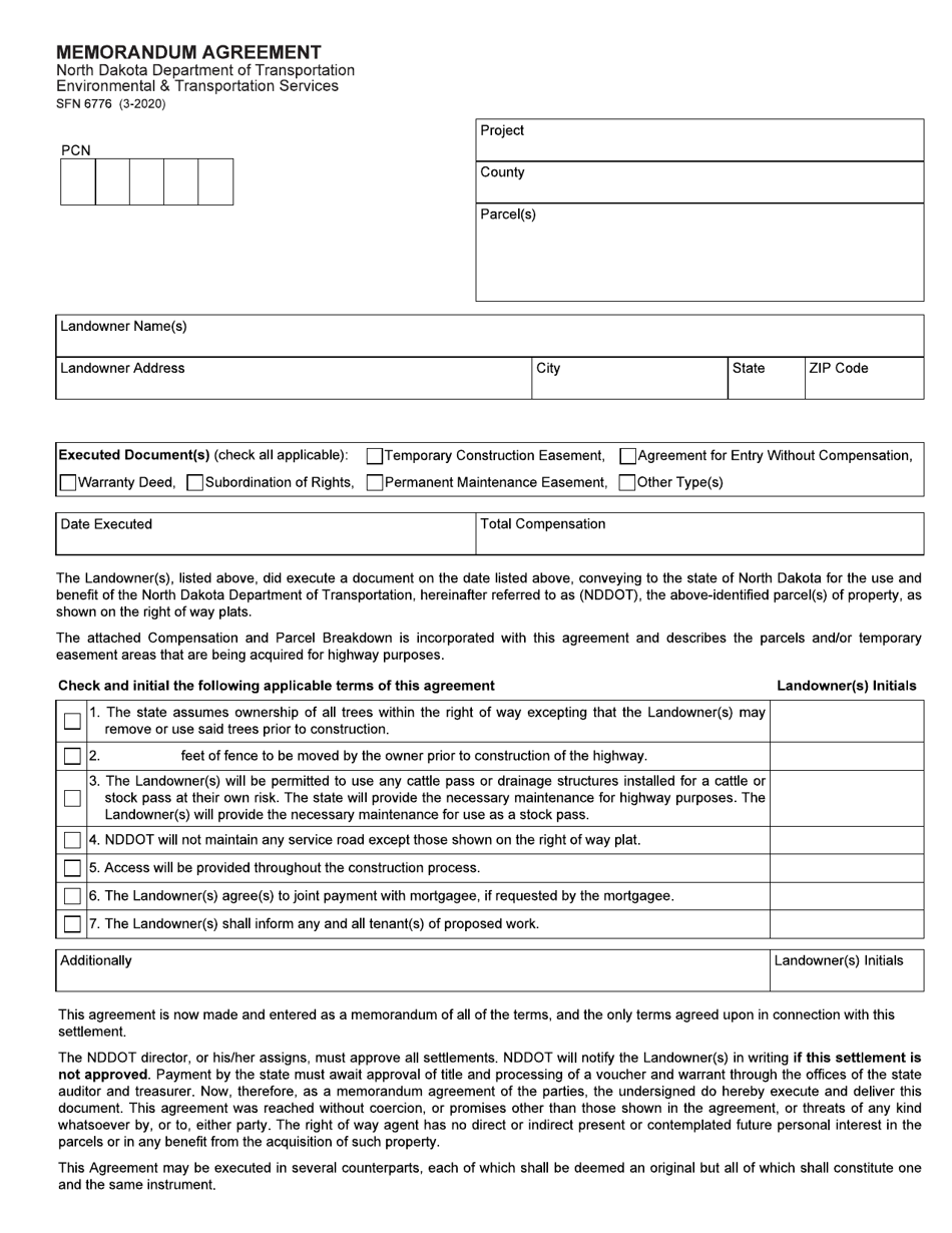 Form SFN6776 Memorandum Agreement - North Dakota, Page 1