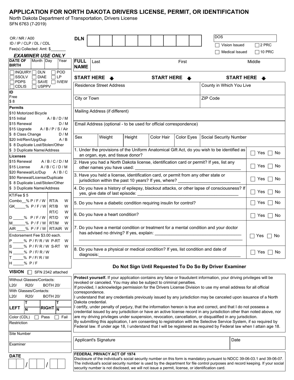 Form SFN6763 Application for North Dakota Drivers License, Permit, or Identification - North Dakota, Page 1