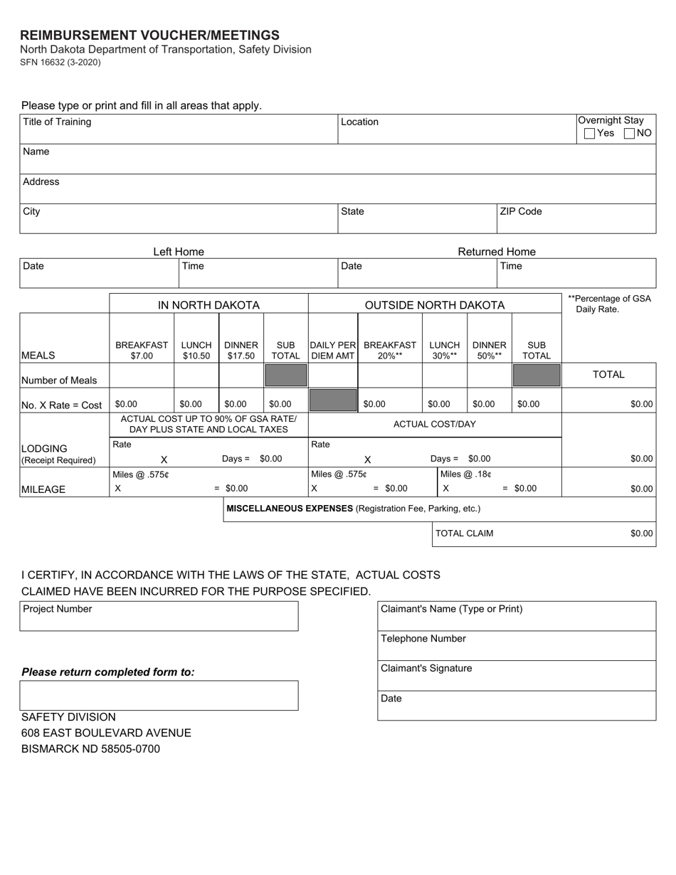 Form SFN16632 Reimbursement Voucher / Meetings - North Dakota, Page 1