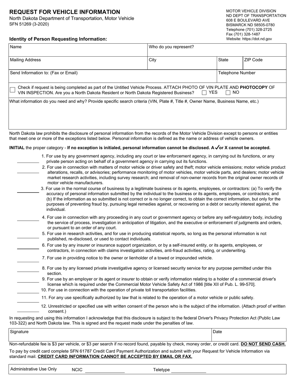 Form SFN51269 Request for Vehicle Information - North Dakota, Page 1