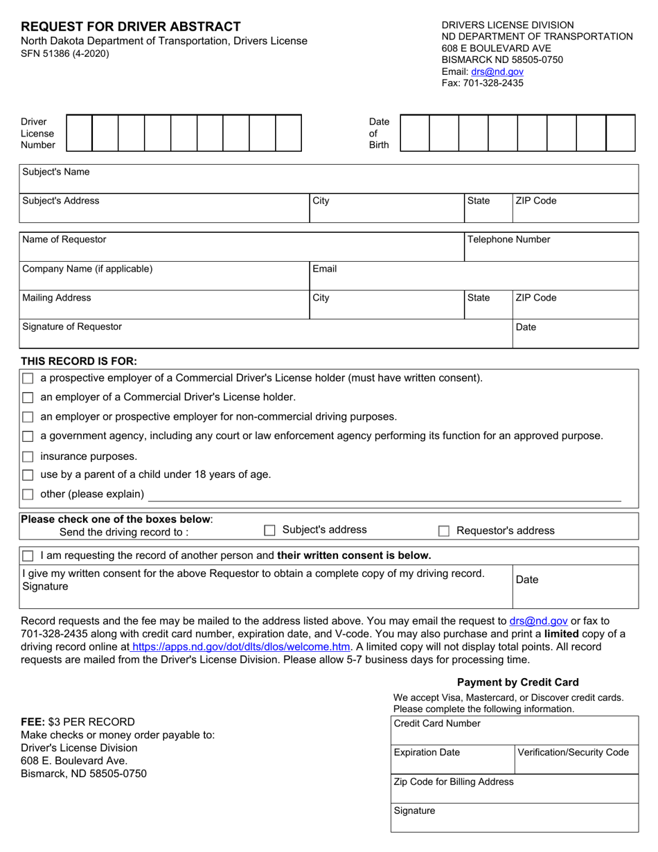 Form SFN51386 Request for Driver Abstract - North Dakota, Page 1