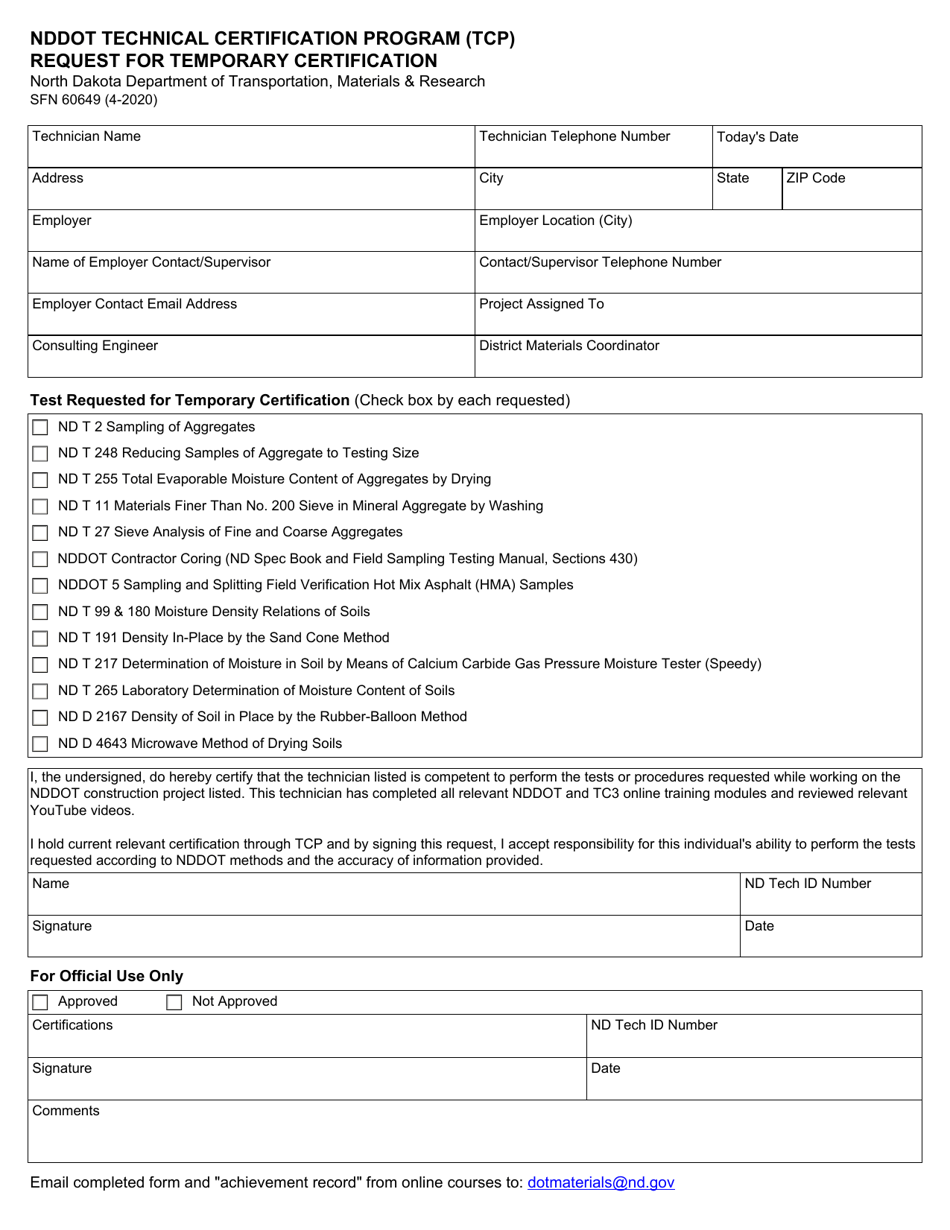 Form SFN60649 Nddot Technical Certification Program (Tcp) Request for Temporary Certification - North Dakota, Page 1