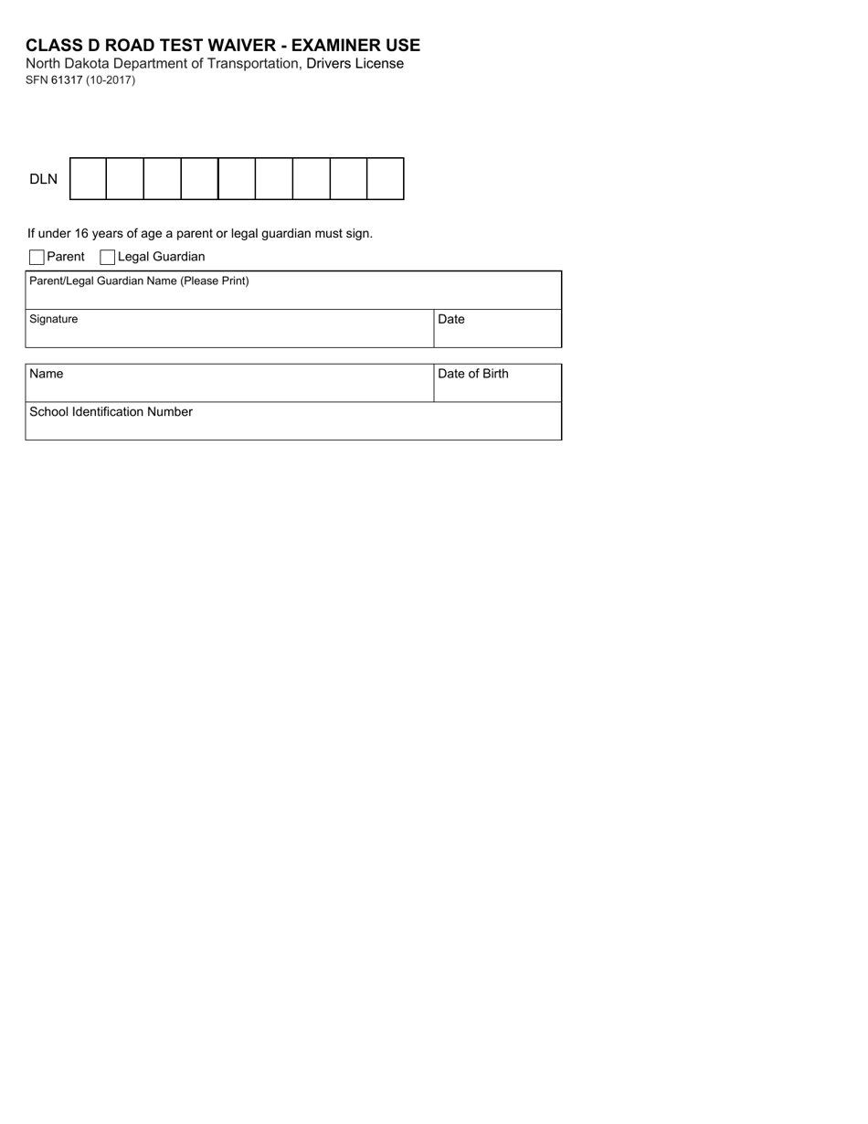 Form SFN61317 Class D Road Test Waiver - Examiner Use - North Dakota, Page 1