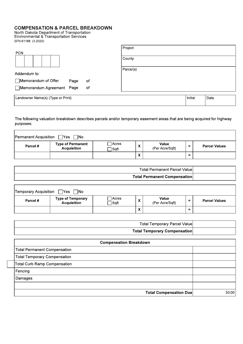 Form SFN61188 Compensation  Parcel Breakdown - North Dakota, Page 1