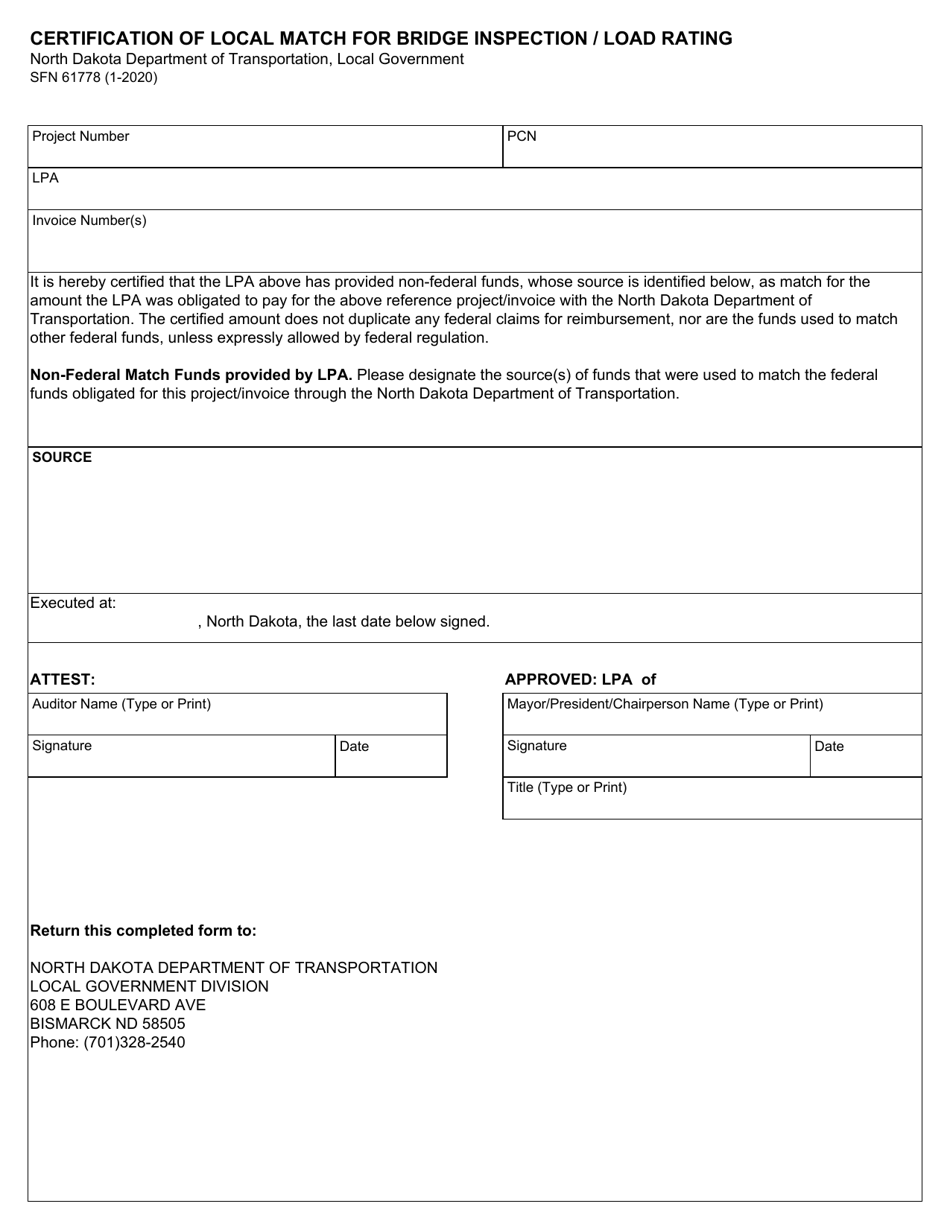 Form SFN61778 Certification of Local Match for Bridge Inspection / Load Rating - North Dakota, Page 1