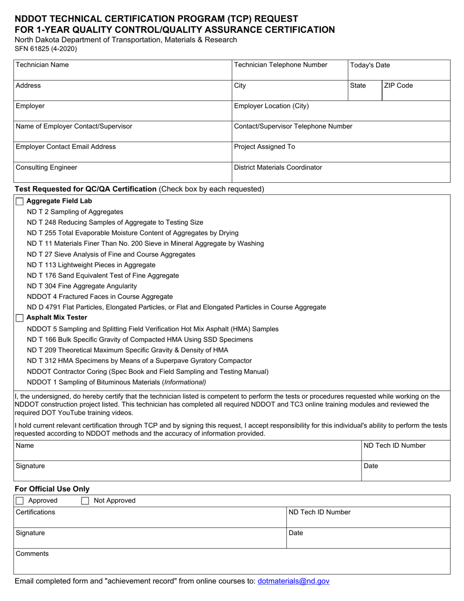 Form SFN61825 Nddot Technical Certification Program (Tcp) Request for 1-year Quality Control / Quality Assurance Certification - North Dakota, Page 1